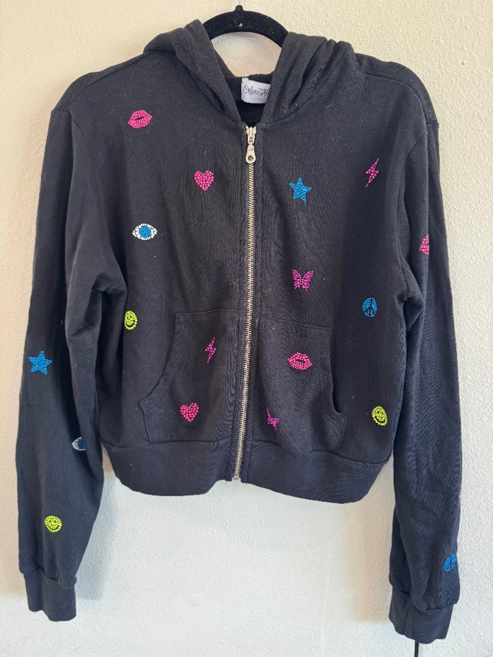 Lauren Moshi Black Neon Studded Zip Hoodie Small